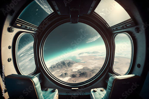 Grunge Spaceship interior with view on planet Earth 3D rendering