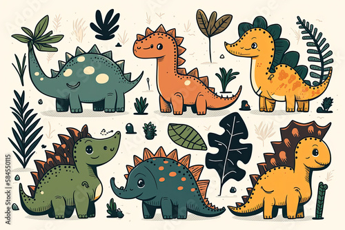 Cute dinosaurs vector set. Hand drawn doodle triceratops  stegosaurus  tyrannosaurus  diplodocus  spinosaurus. Dinosaur comic character design for kid  print  clothes  poster  education  generative AI