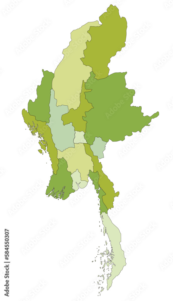 Highly detailed editable political map with separated layers. Myanmar.