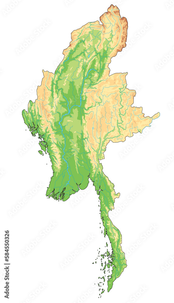 Highly detailed Myanmar physical map.