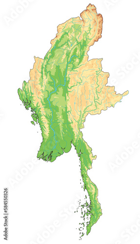 Highly detailed Myanmar physical map.
