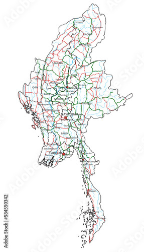 Myanmar road and highway map. Vector illustration.
