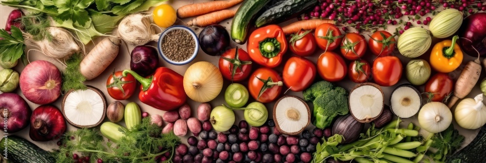 fresh vegetables and fruits on the market, top view, generative ai fresh vegetables and fruits on the market, top view, generative ai
