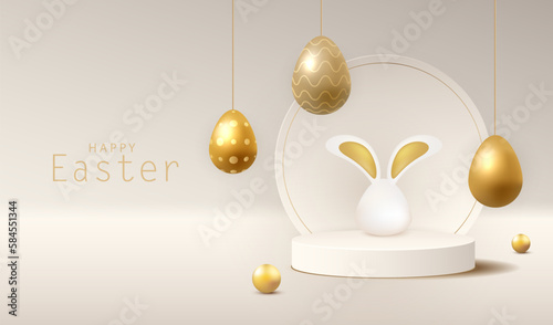 Happy Easter with cylinder display podium background. Stage with gold eggs and balls. Festive spring 3D composition with bunny ears. Studio with white backdrop. Modern creative vector illustration.