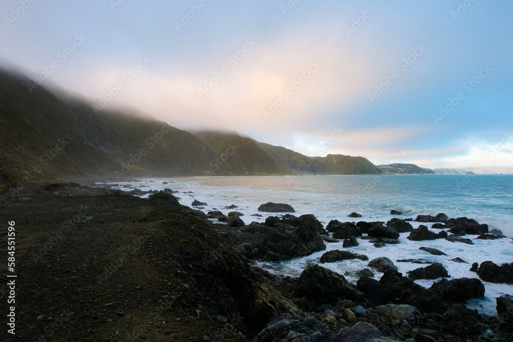 Atmospheric wild, rugged hilly and coastal landscape at Red Rocks in Wellington, New Zealand Aotearoa, with hazy white clouds