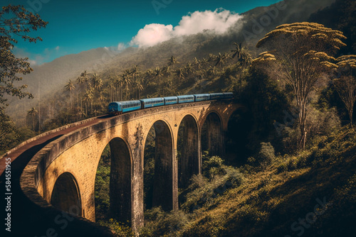 A train crosses a bridge in a jungle sri lanka