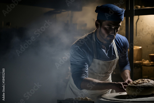 Baker male bearded man makes fresh bread dough at a table in the bakery kitchen., generative ai