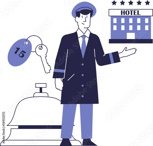 Doorman at the hotel. Vector concept of hotel business.