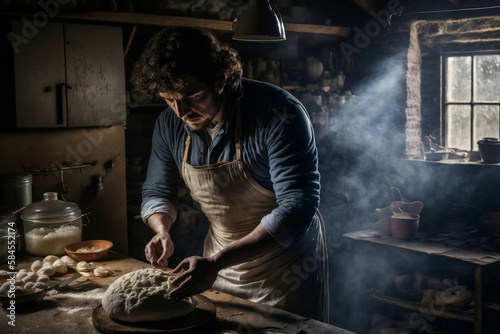 Baker male bearded man makes fresh bread dough at a table in the bakery kitchen., generative ai © jambulart