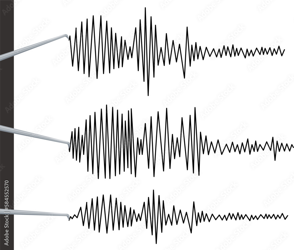 Seismograph earthquake or polygraph test wave. Seismogram vibration or magnitude recording chart. Music volume wave or lie detector diagram record. Vector illustration.