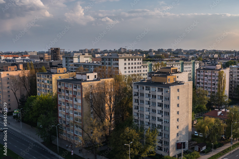 Obraz premium Drone photo of residential buildings in Sielce area of Warsaw city, Poland