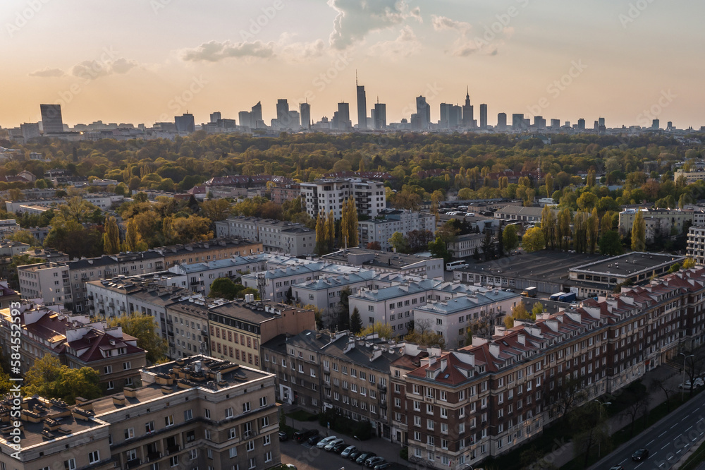 Drone photo of buildings in Sielce area of Warsaw, Poland - obrazy, fototapety, plakaty 