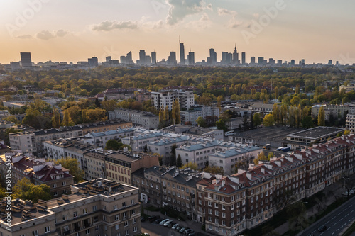 Drone photo of buildings in Sielce area of Warsaw, Poland