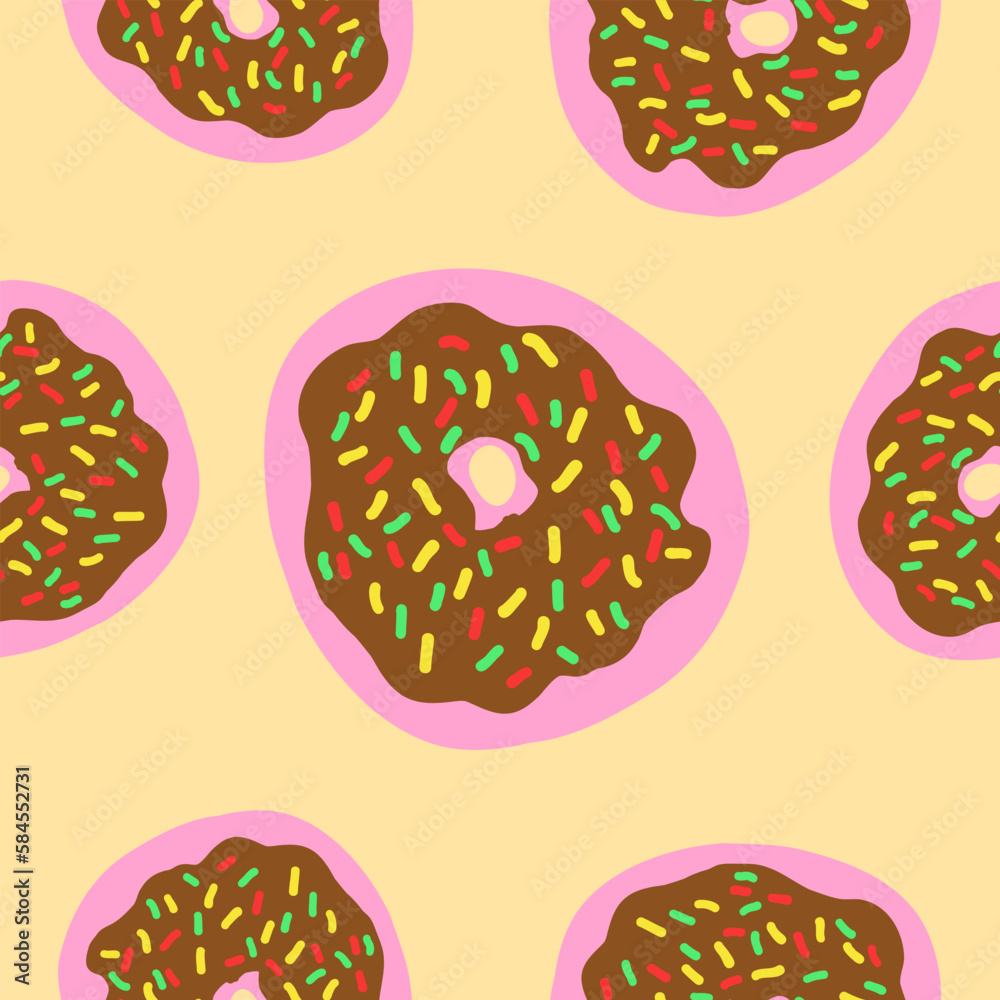Seamless pattern of donut rings in cartoon flat style. Donuts with colorful sprinkles, chocolate cream and pink glazed base. Sweet bakery. Vector colorful illustration isolated on light background. Seamless pattern of donut rings in cartoon flat style. Donuts with colorful sprinkles, chocolate cream and pink glazed base. Sweet bakery. Vector colorful illustration isolated on light background.