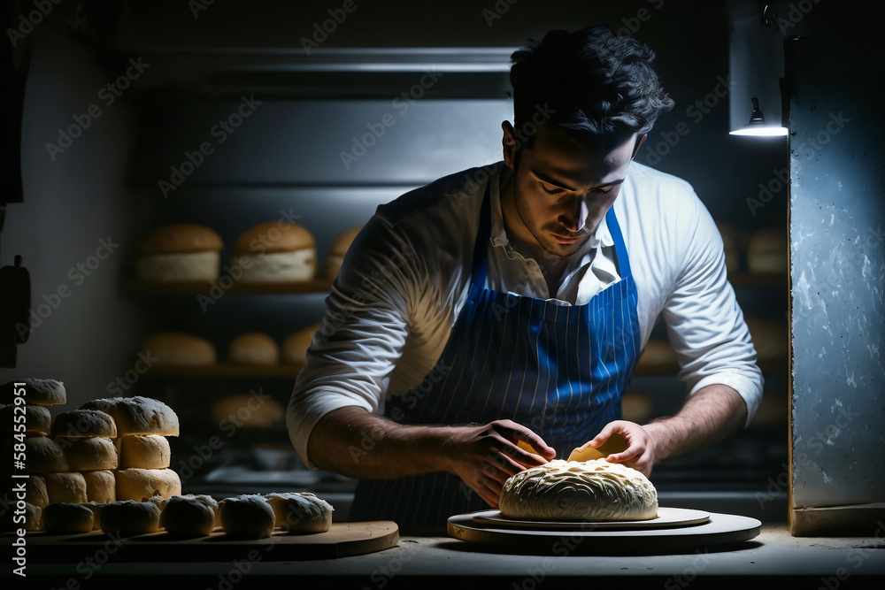 A man with fresh dough on the kitchen table. Food concept, generative ai