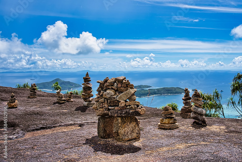 Copolia nature trail cairns, piled up rocks, or stone johnnies, Mahe Seychelles photo