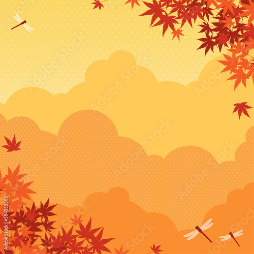 秋の紅葉と赤とんぼの舞う風景　背景素材（正方形）