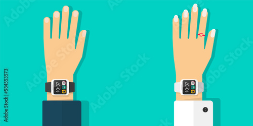 Time wrist watch clock on hand vector flat cartoon graphic illustration, person man and woman wear wristwatch smartwatch isolated image clipart