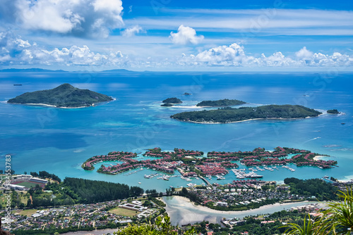 sea, panorama landscape, marine park, eden island, wilderness, blue sky, boulder, mountains, holiday, granite rocks, picturesque, boulders, rainforest, aerial view people, background, outdoor, praslin photo