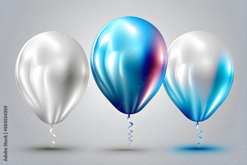 Set of glossy holographic, white and blue foil ballons. White empty space for promotion, presentation, birthday party or other celebration. Realistic 3d illustraton with flying balloons