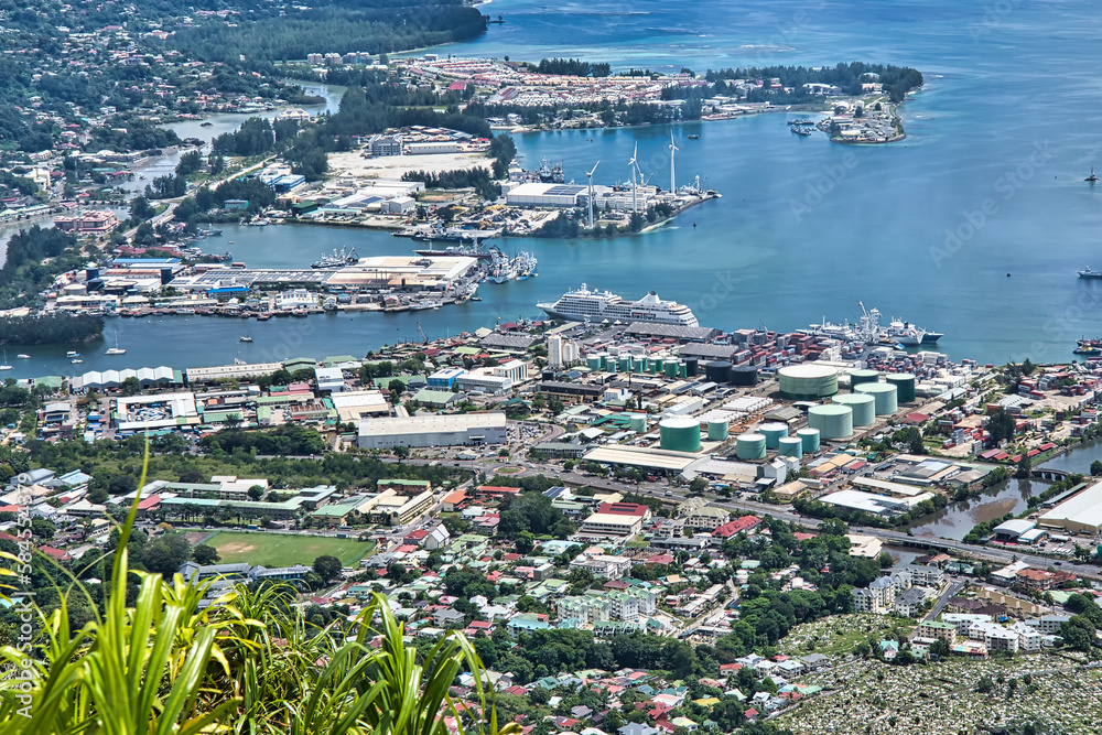 Copolia trail view of the international port and domestic port of Seychelles, cruise ship Silver shadow docked at the port