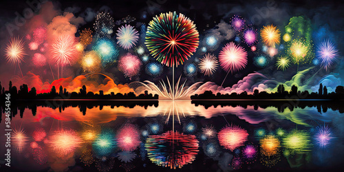 Huge Colorful Fireworks Display, illustration - Generative AI