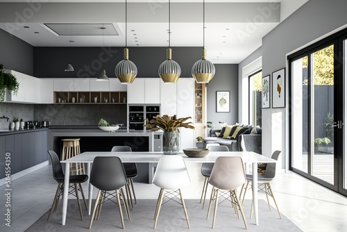 beautiful shot of a modern and beautiful kitchen and dining room design