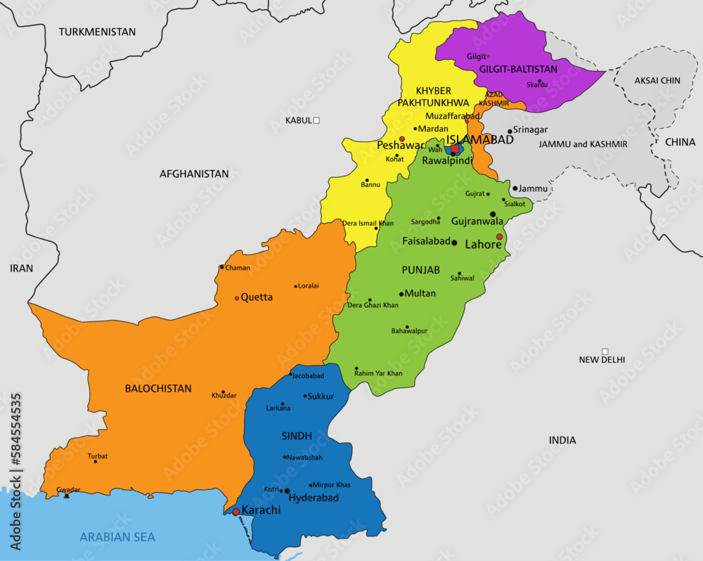 Colorful Pakistan political map with clearly labeled, separated layers. Vector illustration.