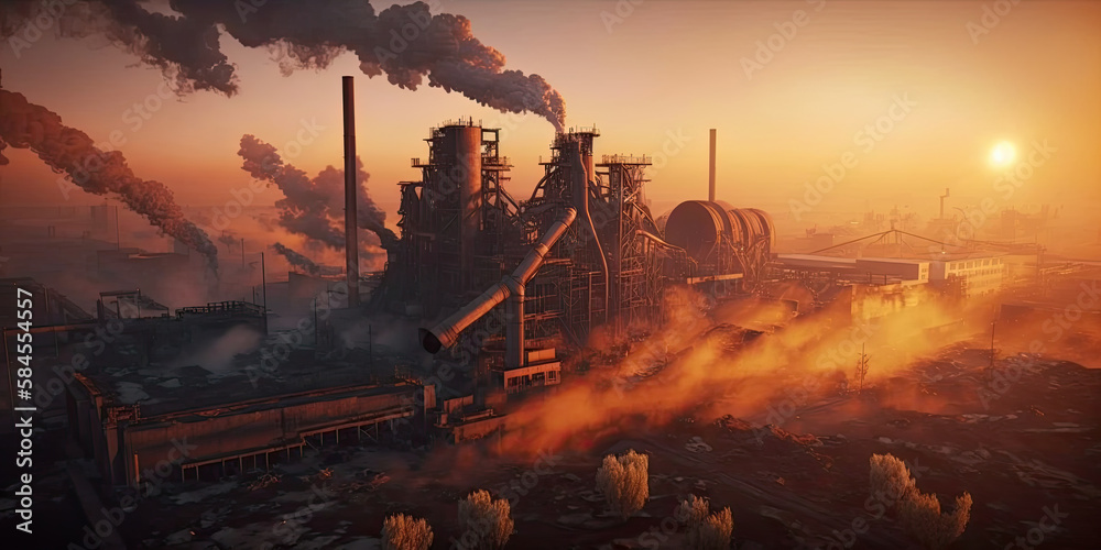 Industrial metallurgical plant dawn. Smoke, smog emissions - Generative AI