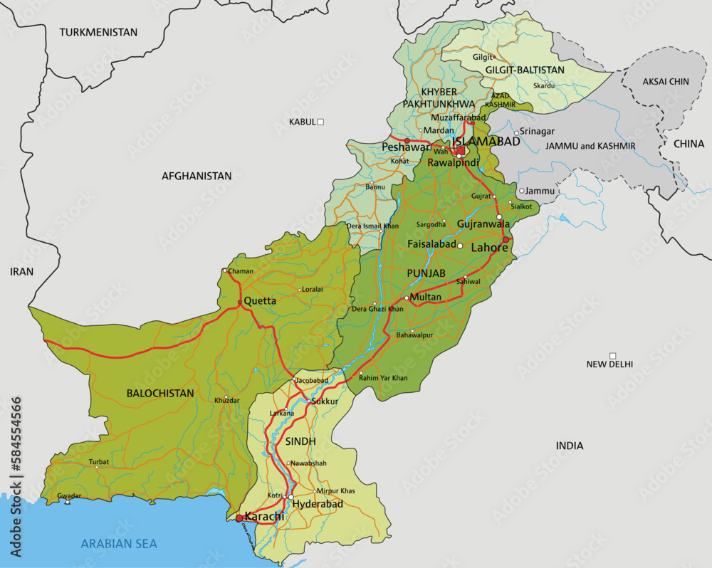 Highly detailed editable political map with separated layers. Pakistan.