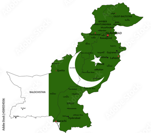Pakistan highly detailed political map with national flag isolated on white background.