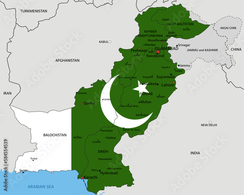 Pakistan highly detailed political map with national flag isolated on white background.