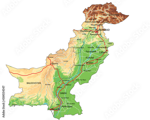 Highly detailed Pakistan physical map with labeling.