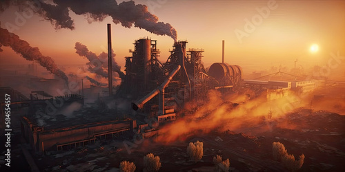 Industrial metallurgical plant dawn. Smoke, smog emissions - Generative AI