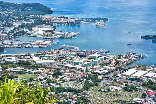Copolia trail view of the international port and domestic port of Seychelles, cruise ship Silver shadow docked at the port © Nils