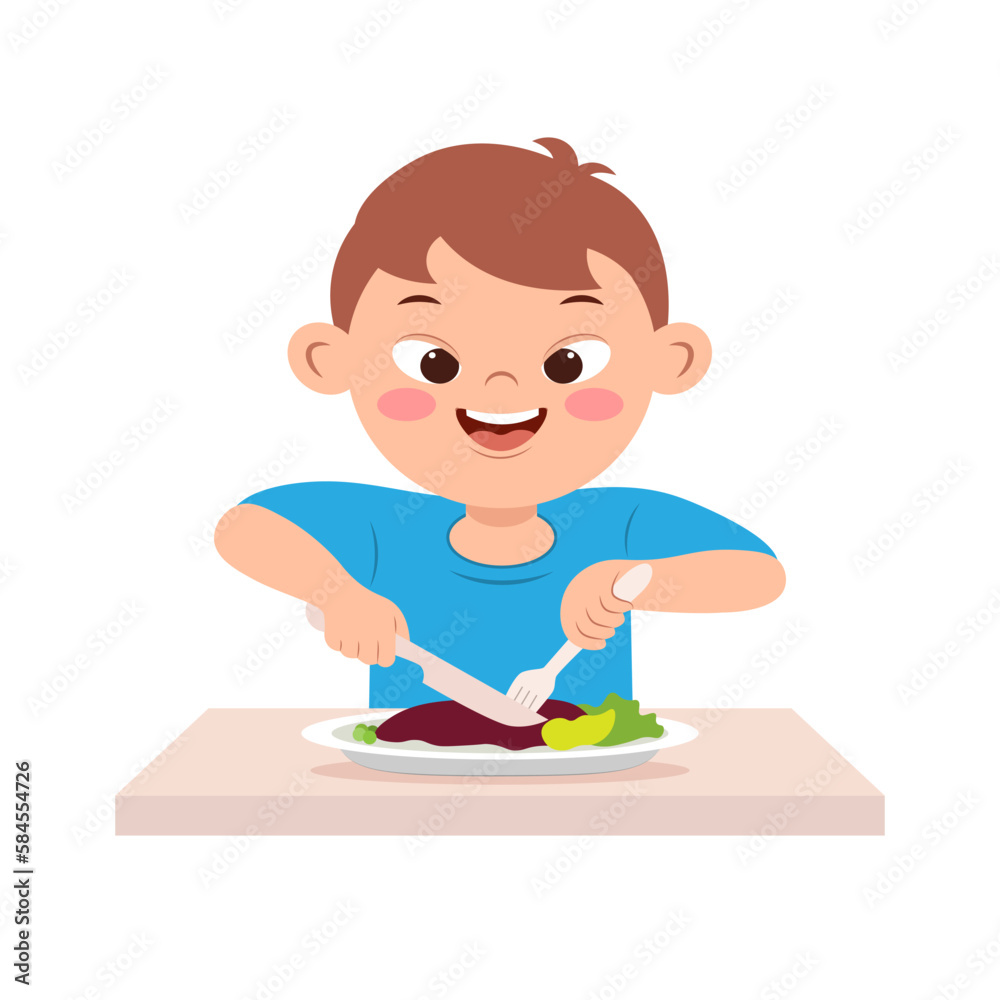Cute little boy with down syndrome eats using a knife and fork