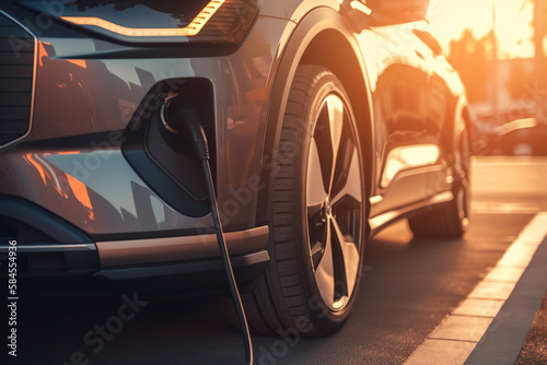 Electric car charging battery. Close-up, low angle view of an environmentally friendly vehicle and power cable. Generative AI