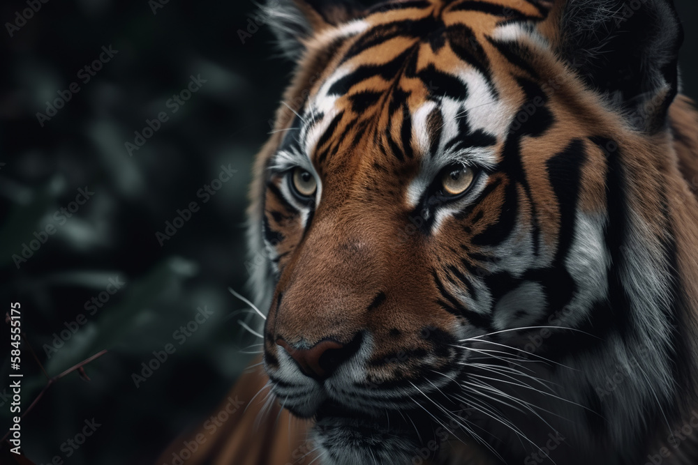 Close-up face of dangerous tiger in jungle. Generative AI