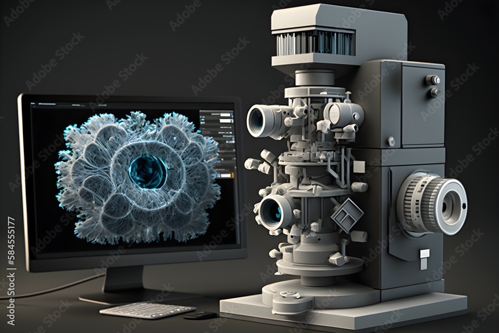 Fototapeta premium Electron microscope with display device commonly used by scientists and microbiologists. Created with generative AI technology