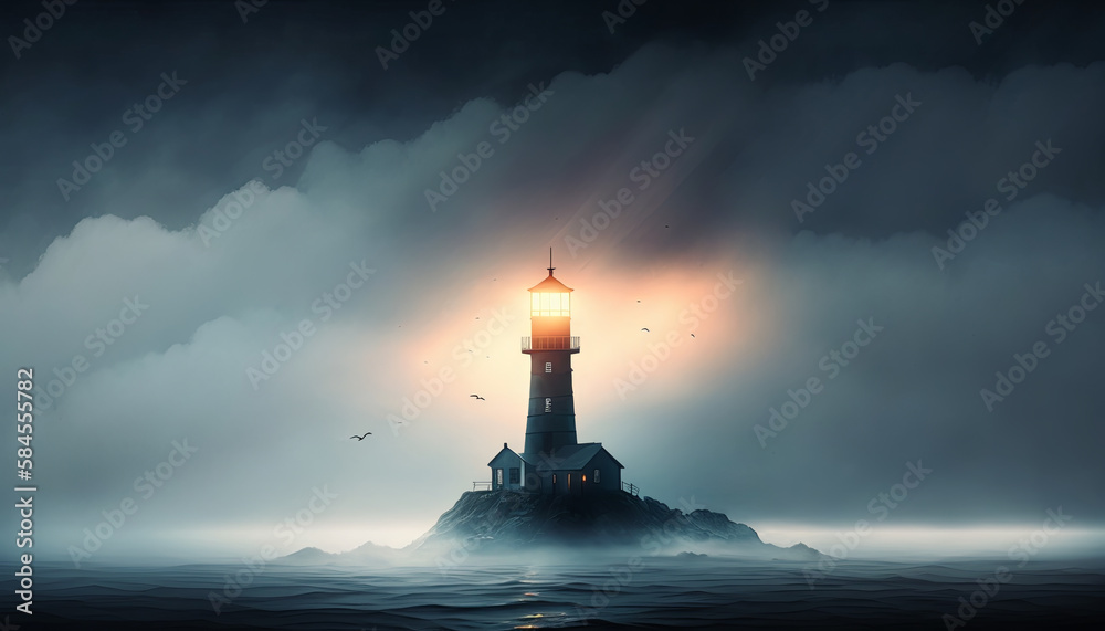 lighthouse at night with fog