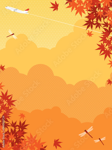 秋の紅葉と飛行機、赤とんぼの飛ぶ風景　背景素材（縦向き）
