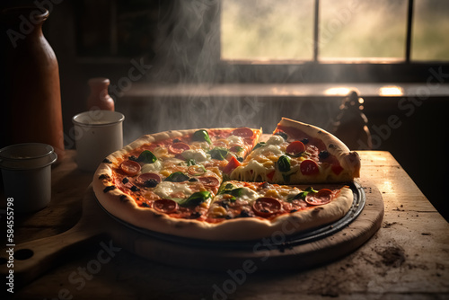 Appetizing hot pizza on a table - Generative Ai