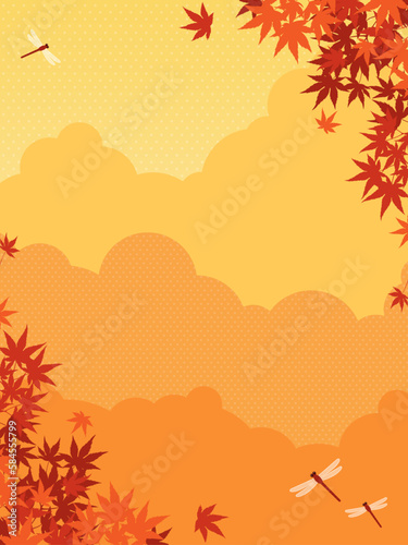 秋の紅葉と赤とんぼの舞う風景　背景素材（縦向き）