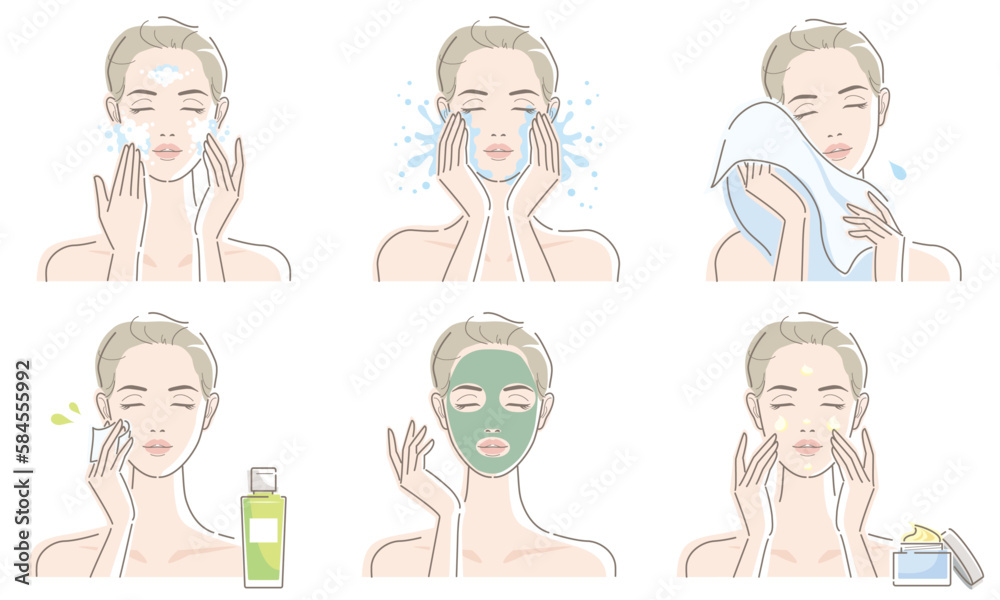 Woman's daily skin care routine. Washing face and facial treatment. Vector illustration isolated on white background. Woman's daily skin care routine. Washing face and facial treatment. Vector illustration isolated on white background.