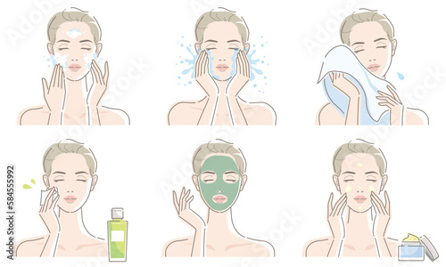 Woman's daily skin care routine. Washing face and facial treatment. Vector illustration isolated on white background.