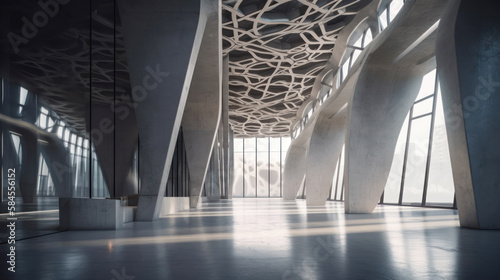futuristic concrete architecture design with parametric intricate mesh structure and large concrete floor, Generative AI.