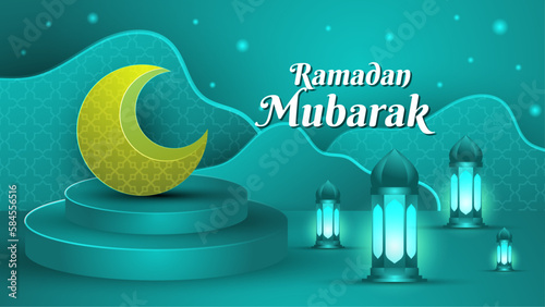 3D green tosca Ramadan mubarak islamic background with decorative ornament pattern Premium Vector