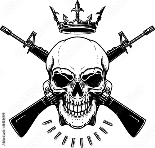 Illustration of the skull with crossed assault rifles. Design element for logo, label, sign, emblem. Vector illustration