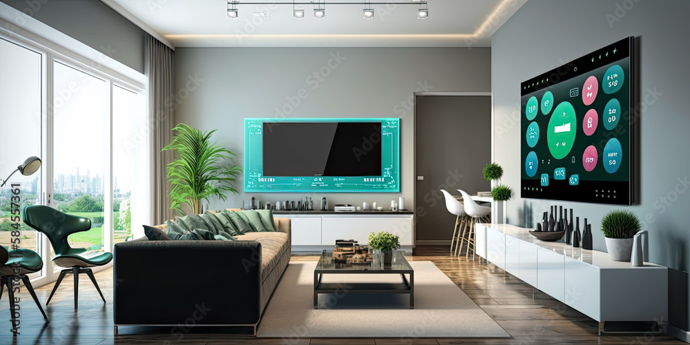A smart remote home control system app in a living room - Generative AI A smart remote home control system app in a living room - Generative AI