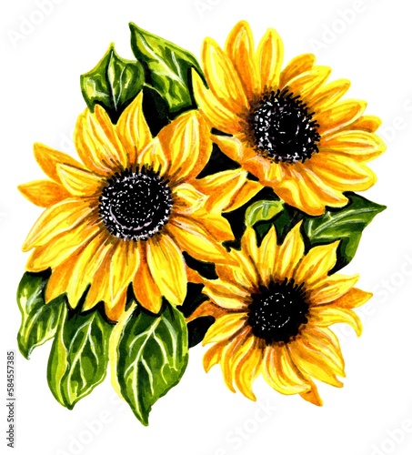 Three sunflowers with leaves. JPEG illustration for stickers  creating patterns  wallpaper  wrapping paper    postcards  design template  fabric  clothing  cross-stitch.